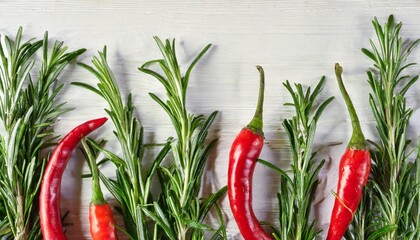 mexican frame border fresh green organic rosemary leaves and red hot chilli pepper isolated on white background transparent background and natural transparent shadow ingredient spice for cooking c