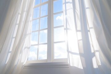 Serene Window with Sunlight, Curtains, and Clear Blue Sky