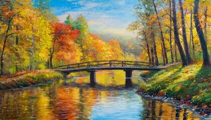 oil painting autumn forest with a river and bridge over the ri