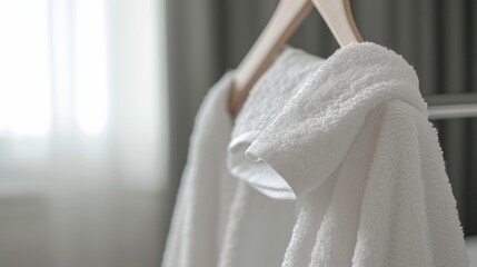A clean white towel hanging on a hanger