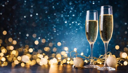 banner with two glasses of champagne on dark blue background with lights bokeh glitter and sparks christmas celebration concept with space for text