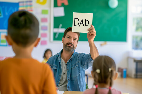 Adult Holds 'DAD' Sign with Children in Classroom
