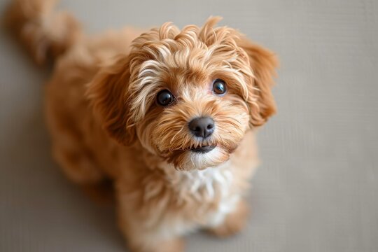 A curious yorkipoo gazes up at the camera, showcasing the beloved traits of a playful and affectionate poodle crossbreed