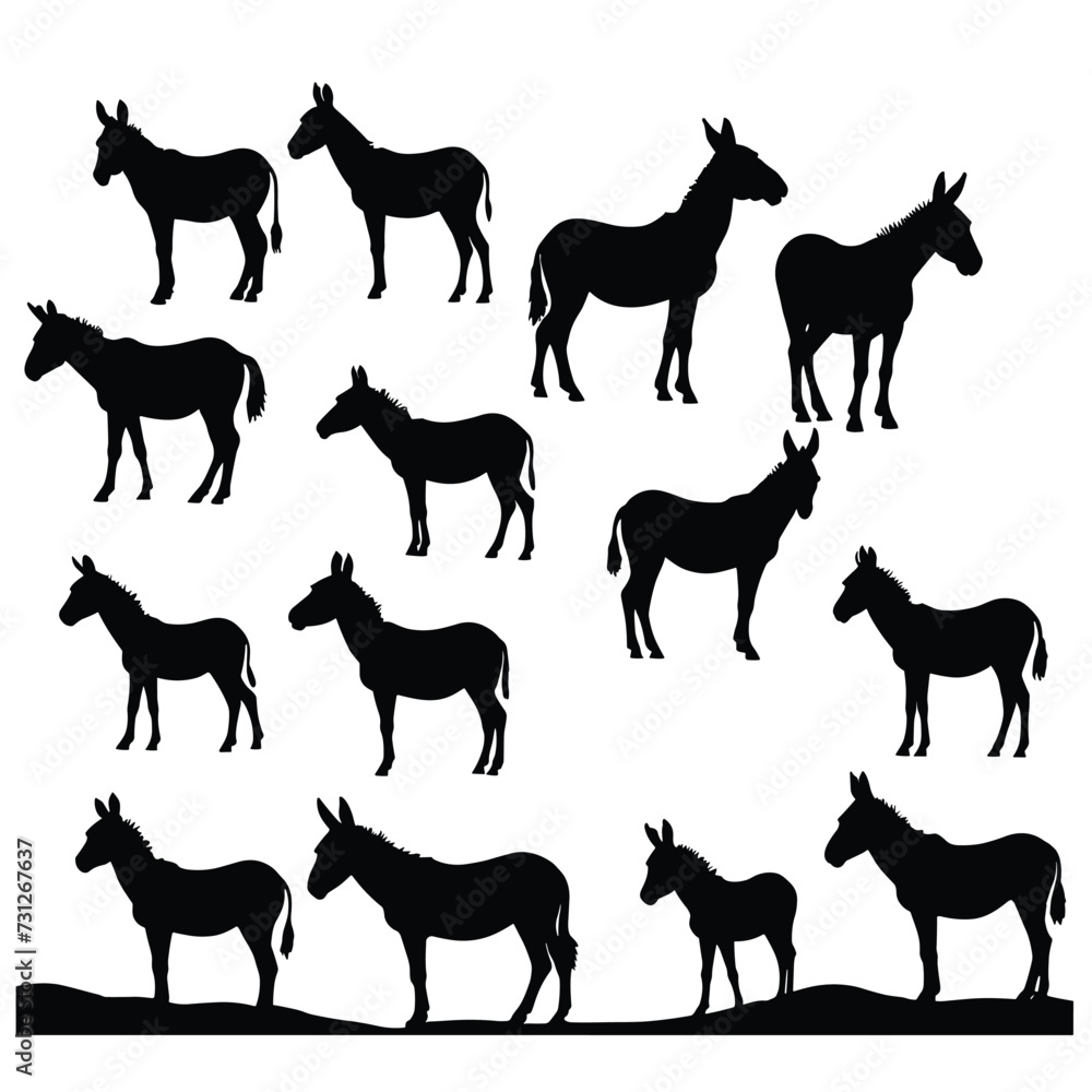 Poster silhouettes of donkeys in various poses, creating an artistic pattern on a white background.