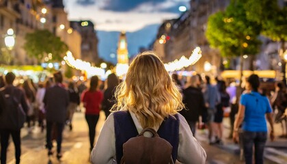 Fototapeta premium woman walking in the city; many people; crowded city street at night / evening