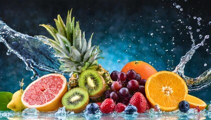 assortment of fresh fruits and water splashes on panoramic background