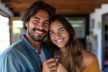 Two friends share a joyful moment as they hold the key to their future, smiling and standing confidently together, their fashionable clothing and accessories adding to the warmth and happiness radiat - obrazy, fototapety, plakaty