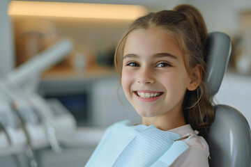 Happy smiling girl sitting in dentist chair without fear. Oral hygiene and dental examination. Prevention of caries.