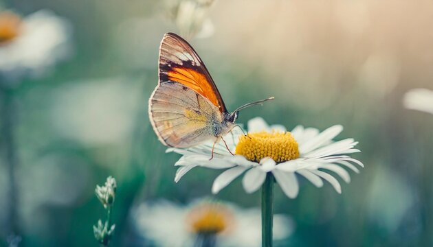 beautiful daisy flower butterfly on wild field close up soft focus macro nature background delicate pastel toned image spring floral artistic image