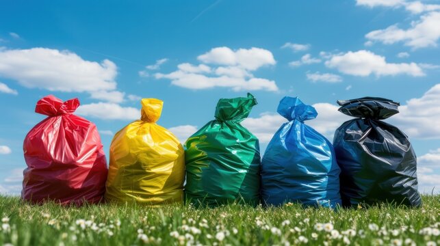 Clear plastic garbage bags in black, green, yellow, blue, and red placed on grass against a sky background. This set of colored garbage waste bags, plastic, and 3r, provide ample space for banner
