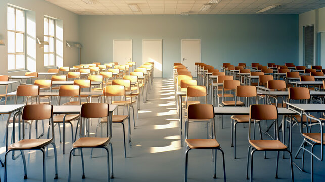 Empty classrom with a lot of chair with no student. Ai art