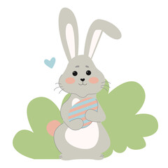 Cute bunny holding an Easter egg. Rabbit icon isolated on white background. For Moon Festival, Chinese Lunar Year of the Rabbit, Easter decoration.
