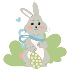 Cute bunny with a ribbon holds an Easter egg. Rabbit icon isolated on white background. For Moon Festival, Chinese Lunar Year of the Rabbit, Easter decoration.