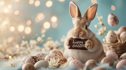 Easter Bunny with Chocolate Message on A Light Background With Lights And Eggs. The Text Is : "Happy Easter", A Easter Background For Festive Greeting