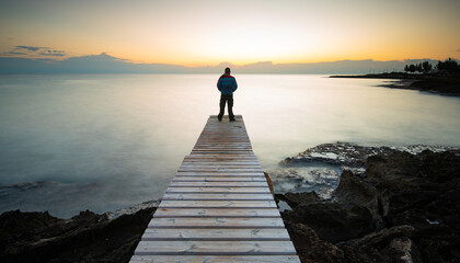 Person standing at the edge of a wooden pier in the sea at sunrise . People active outdoors enjoy...
