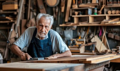 Skilled elderly carpenter plans a wooden board in the workshop with a planer.