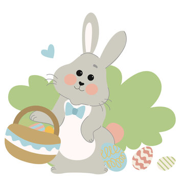 Cute bunny holding a basket with Easter eggs. Rabbit icon isolated on white background. For Moon Festival, Chinese Lunar Year of the Rabbit, Easter decoration.