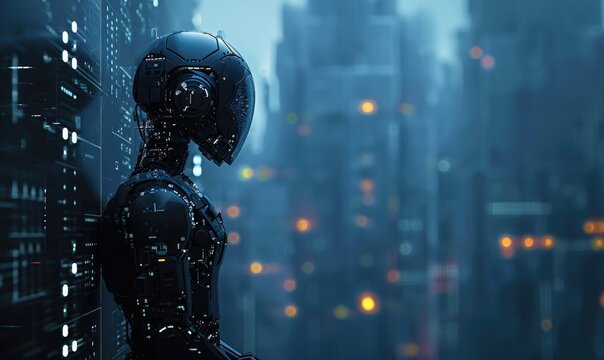 Side view of amazing humanoid head representing future technology and artificial intelligence with free space for your text. Artificial intelligence theme.