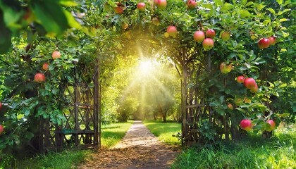 fantasy apple trees garden with natural arch entrance and sun rays magical door gates in fabulous...