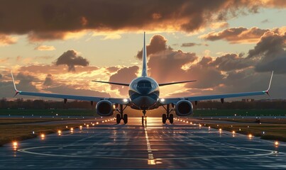 An airplane is landing on runway,  amazing afternoon sun shining background .
