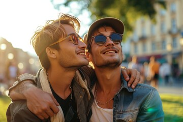 Two fashionable men share a loving kiss on the street, their stylish sunglasses and beards adding to their cool and confident interaction - obrazy, fototapety, plakaty