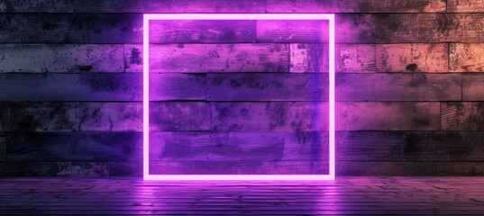 purple neon square on wooden surface Generative AI
