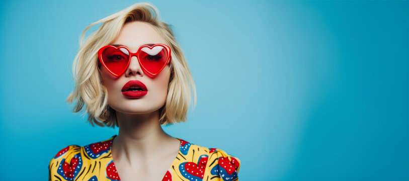 Portrait of girl wearing novelty glasses while puckering against wall. Close up of young woman wearing a red heart shaped sunglasses in colorful background