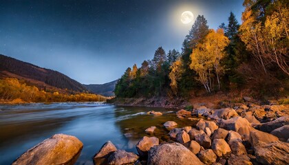 autumn landscape at night rocky shore of the river that flows near the pine forest at the foot of the mountain in full moon light