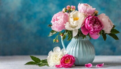 romantic postcard with tender colorful summer roses and peonies flowers against blue background in vase selective focus place for text still life