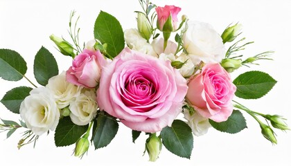 pink rose and eustoma flowers in a corner floral arrangement isolated on white or transparent background