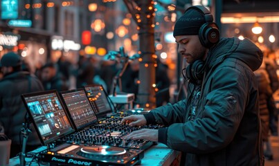 A city dj uses his trusty sound board and electronic equipment to create a captivating mix, all while rocking his stylish black jacket and hat on the busy streets at night.