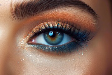 Obraz premium Sparkling with vibrant colors and defined by long lashes, a woman's eye becomes a mesmerizing canvas of beauty with glittery makeup