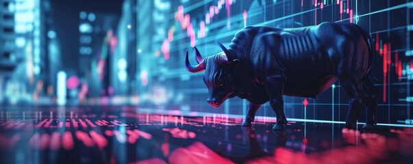 In the fast-paced world of stock and crypto, a majestic bull with a vibrant red and blue design charges forward, embodying the bullish trend and graph data while radiating a sense of strength.