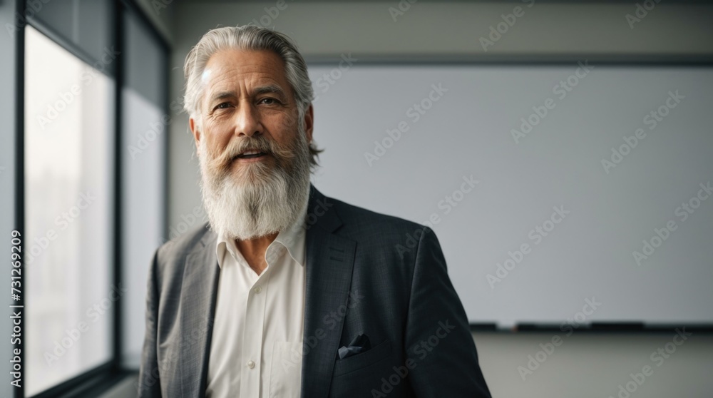 Poster a man with a long beard standing in front of a whiteboard. generative ai.