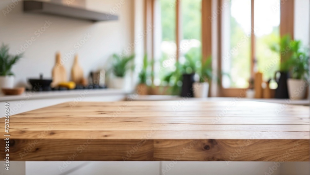 Wall mural A wooden table in a kitchen with a window. Generative AI.