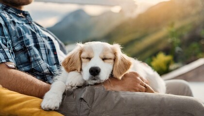 Obraz premium Cute white dog sleeping on owner lap in a sunny days with big mountains in the background