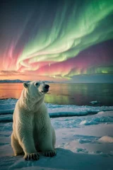 Foto auf Leinwand A polar bear sitting on the snow with the aurora lights in the background. Generative AI. © serg3d