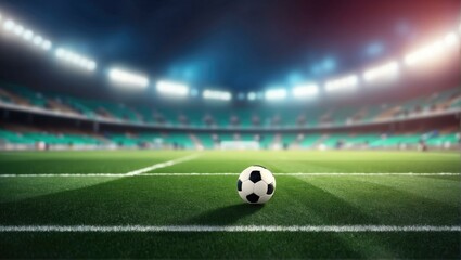 Fototapeta premium Soccer ball on the field of an empty stadium. Generative AI.