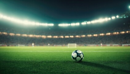 Fototapeta premium Soccer ball on grass in stadium at night. Generative AI.