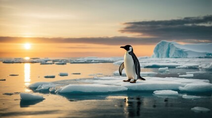 A penguin standing on ice floes at sunset. Generative AI.