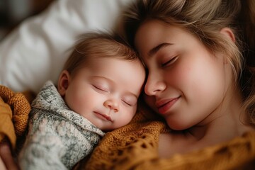 A peaceful slumber shared between a mother and her newborn, as their cheeks press together in pure love and comfort