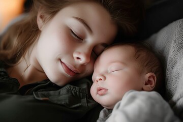 A peaceful slumber, nestled in comfort, a woman's closed eyes hold the innocence of a newborn, as a soft smile graces her skin, capturing the pure joy of a child's love - obrazy, fototapety, plakaty