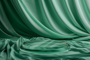 Round transparent glass platform podium on green wave silk satin fabric background. Blank green cylinder form mock up background for beauty cosmetic product presentation. Front view, copy space - obrazy, fototapety, plakaty