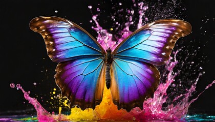 purple tropical morpho butterfly on a splash of bright colorful colors on black