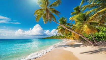 sunny tropical caribbean beach with palm trees and turquoise water caribbean island vacation hot summer day