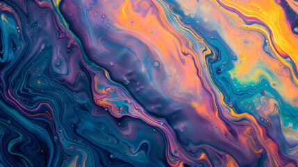 A mesmerizing and captivating stock image that depicts a slick oil spill pattern, showcasing a stunning display of iridescent colors blending flawlessly in a seamless design. Perfect for add