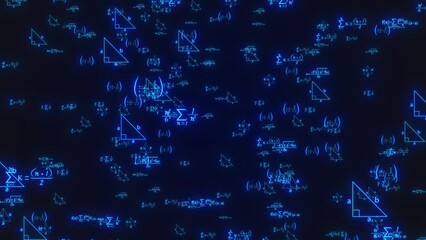 Equation Math Flying On Black Background. Animation Of Mathematics Formulas Moving On Dark Bg, Camera Flying Thorough Mathematics Formula, Loop Animation Of Mathematical Equations Flying On Alpha Back - Powered by Adobe