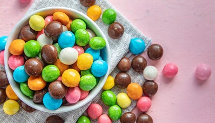 assortment of delicious chocolate candies and colorful sweets on light pink background party treats for kids birthday easter junk food and unhealthy eating concept flat lay top view copy space