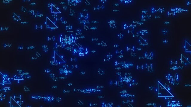 Equation Math Flying On Black Background. Animation Of Mathematics Formulas Moving On Dark Bg, Camera Flying Thorough Mathematics Formula, Loop Animation Of Mathematical Equations Flying On Alpha Back