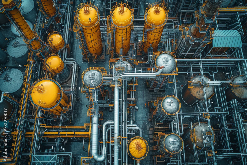 Poster a top-down view of an industrial complex, illustrating the scale and complexity of manufacturing pro